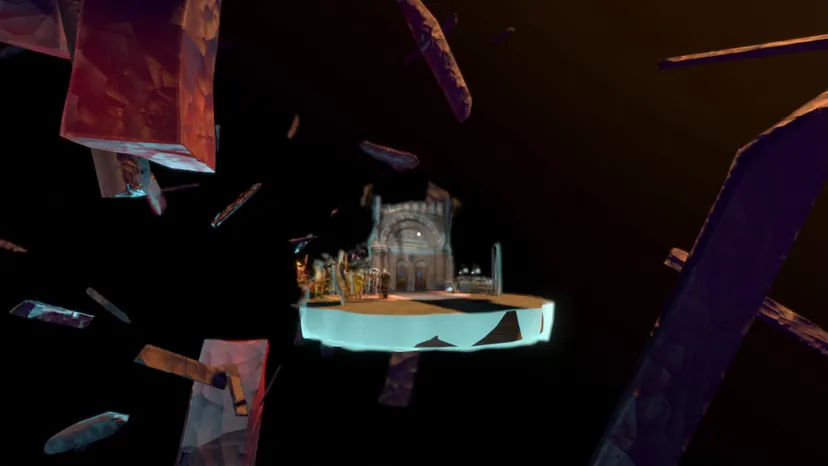 a structure floating amongst rocks