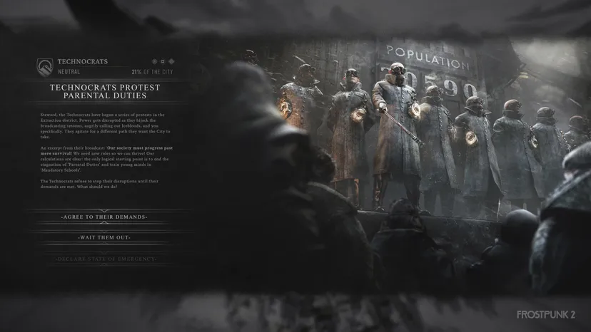 Frostpunk 2 screen showing text and technocrats image