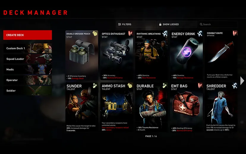 A screenshot of Back 4 Blood's Deck Managment screen, showing cards like "Ammo Stash" "Durable", and "EMT Bag"