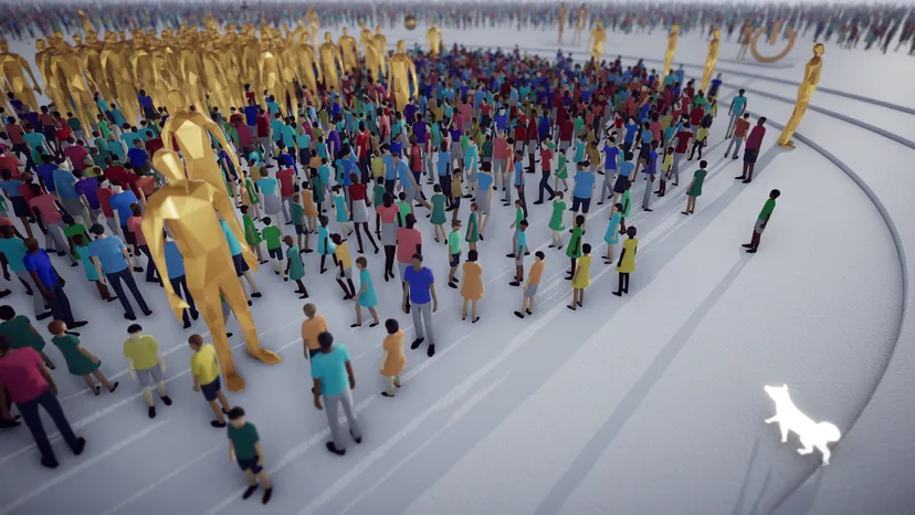The gamer in the type of a Shiba Inu looking towards a huge crowd of human beings and Goldys