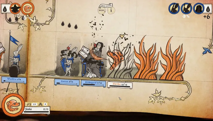 An Inkulinati screenshot. Four units are pictured in the margin of a page as illustarted fire spreads behind them