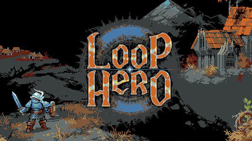 Loop Hero's text logo framed by a building in the distance and a sprite of the protagonist in the foreground.