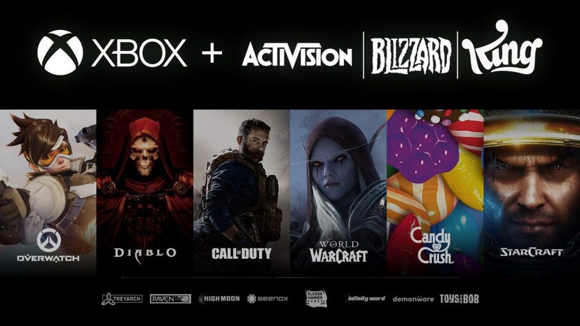 A promotional image for Microsoft's acquisition of Activision Blizzard