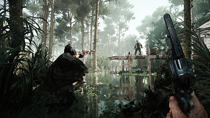 A screenshot of Hunt: Showdown. The player watches as another player aims their rifle at a monster.