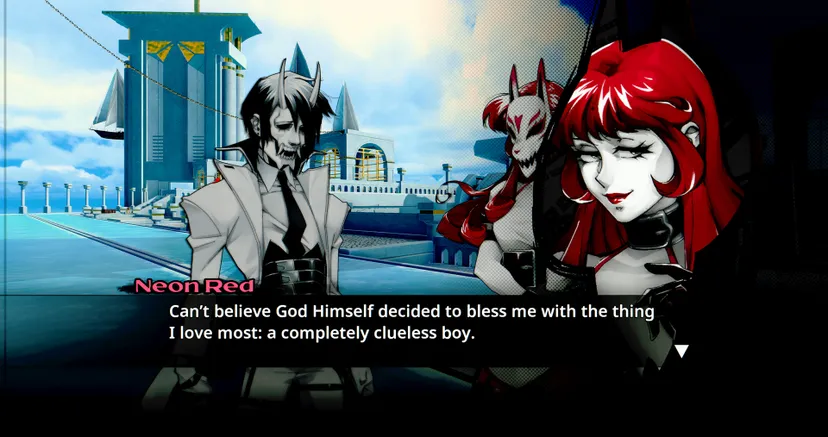 the character neon red in the foreground, speaking