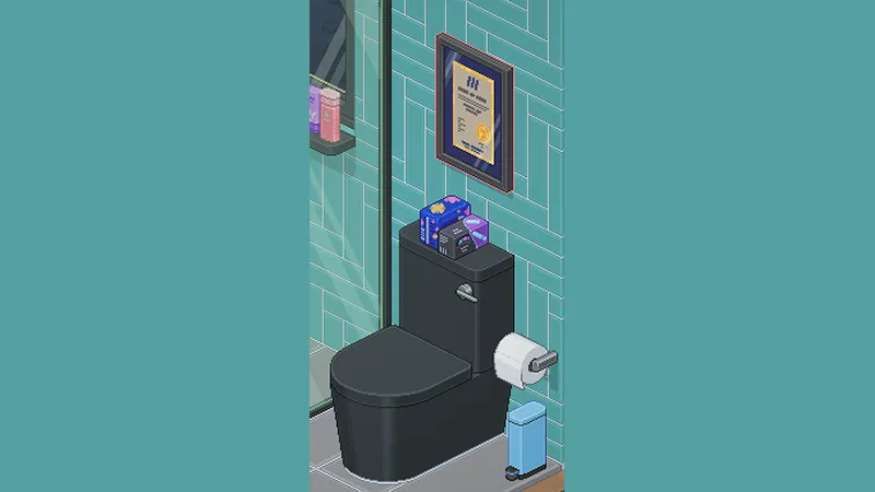 An Unpacking screenshot showing a diploma hung above a toilet. The diploma is outlined in red, meaning the game won't let players finish the level with it in that space.