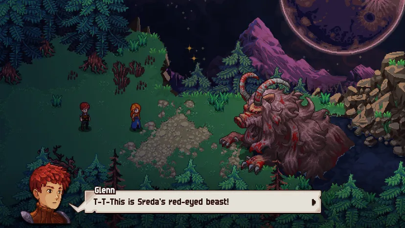 A screenshot from Chained Echoes showing two characters encountering a red-eyed beast