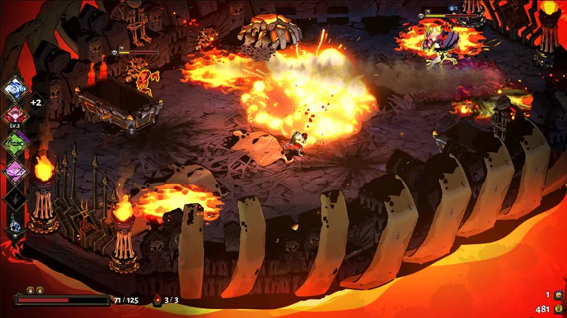 A hellish battleground floats across a river of lava in Hades.
