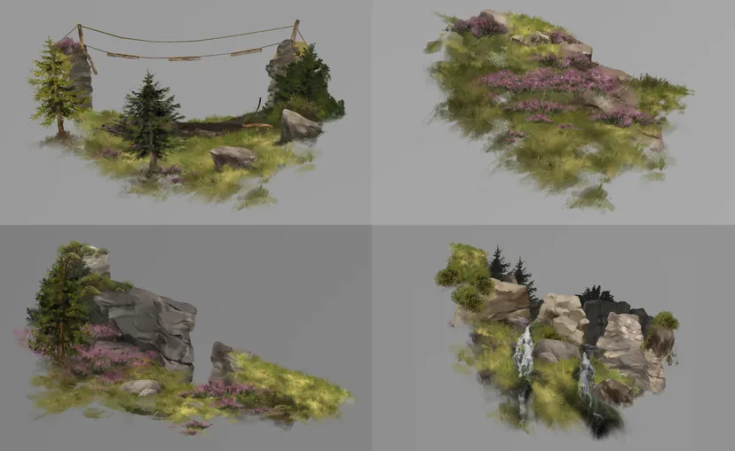 Four examples of the terrain pieces used to procedurally assemble during the rhythmic sections of the game. Each represents a single bar of music.