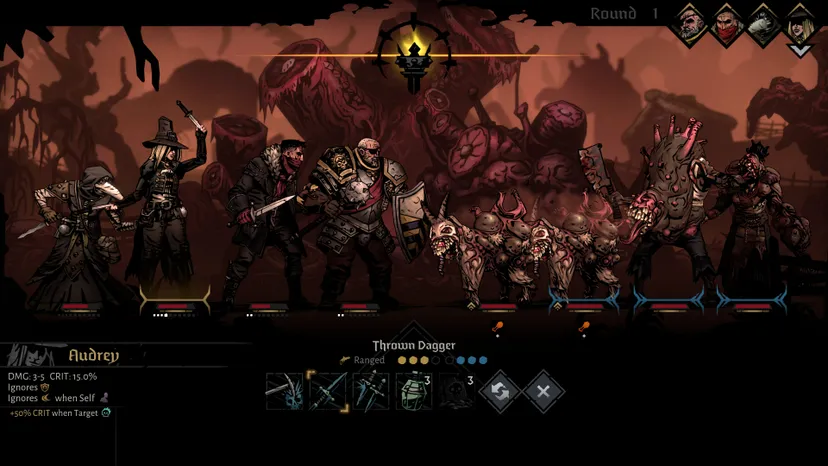 A screenshot showing off combat in Darkest Dungeon II.