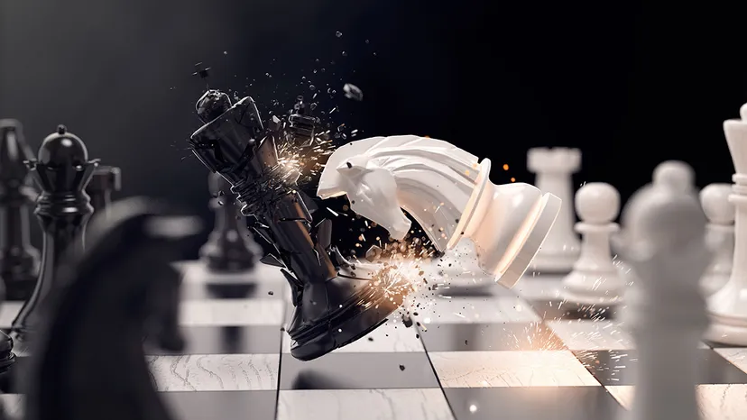 A white knight brutally attacks a black queen piece in chess.