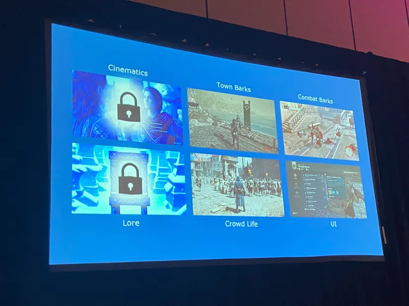 A slide visualizing that Ubisoft is using Ghostwriter on town barks, combat barks, crowd life, and user interface.