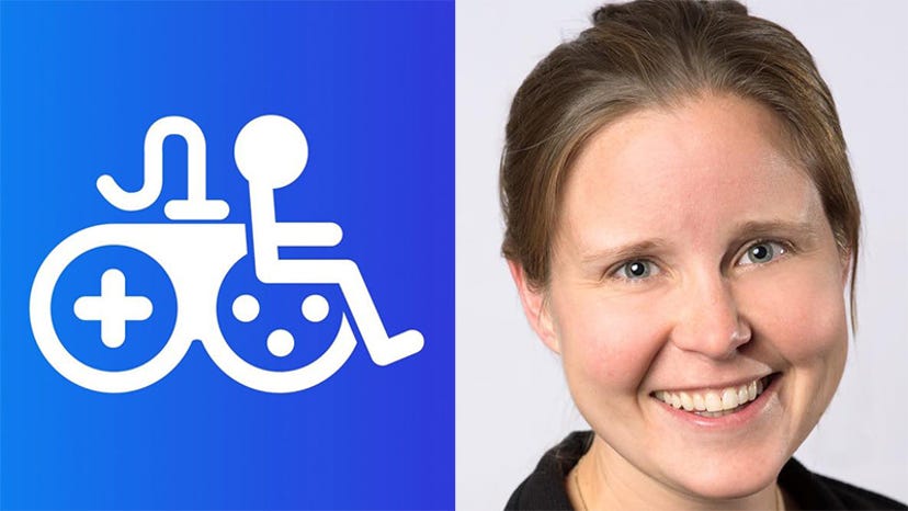 The logo for Xbox Accessibility and a headshot of Xbox head of accessibility Anita Mortaloni
