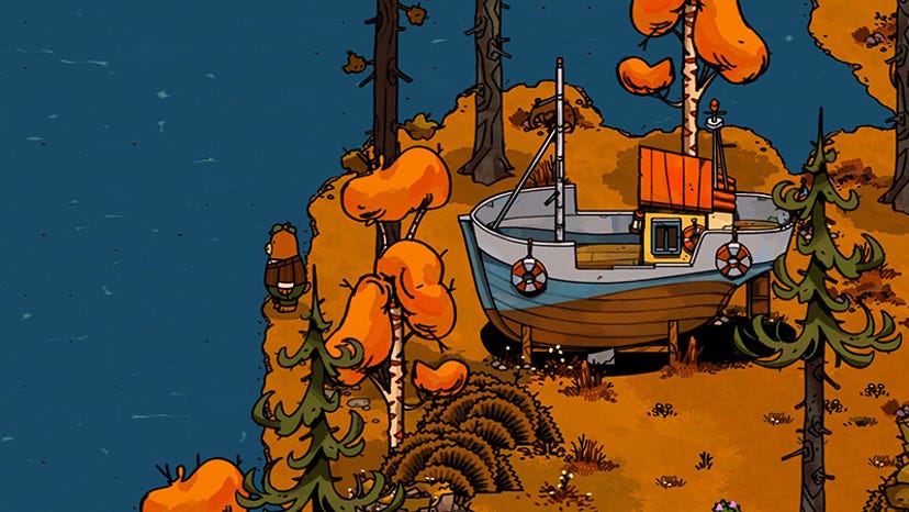 A screenshot from Bear and Breakfast. The player character looks out over a lake.