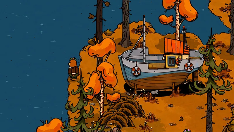A screenshot from Bear and Breakfast. The titular Bear looks out over a lake.