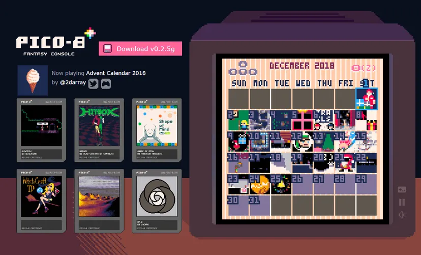 Pico 8 splash screen, featuring a TV and various game thumbnails