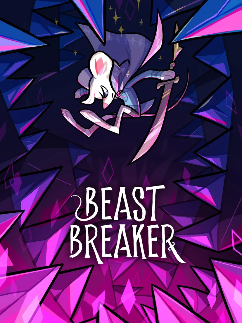 a large poster for Beast Breaker featuring the protagonist among dark and light pink crystal spikes