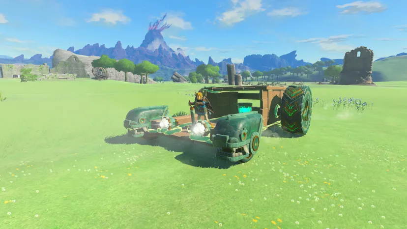 Link driving a makeshift vehicle in Tears of the Kingdom