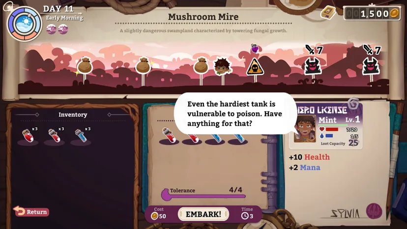 a screenshot of the mushroom mire with potions and stats