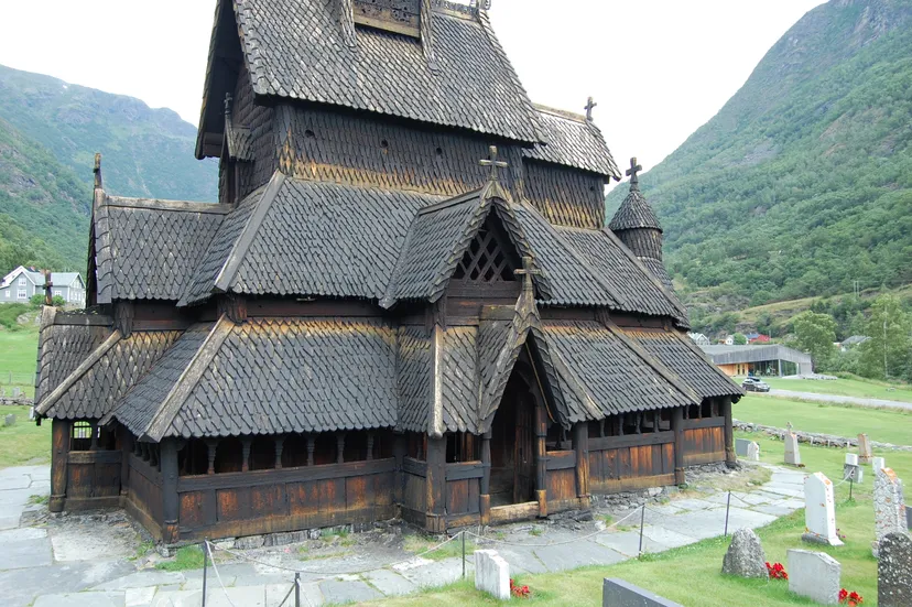 A picture of a large stave church.