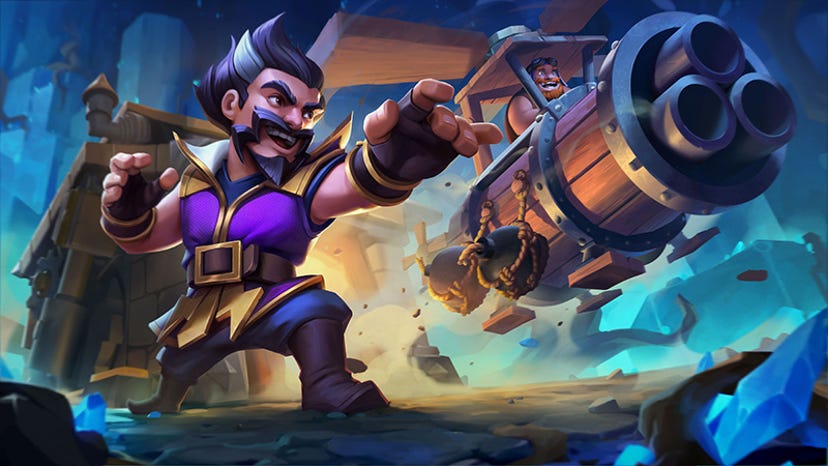 Key art for Clash of Clans Builder Base mode. A bearded man in a purple robe directs a man in a makeshift flying craft.