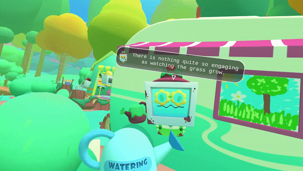 A gif of subtitles following a player’s view. The in-game actions show a watering can watering flowers that grow.