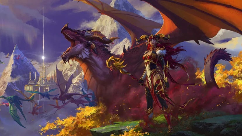 Key artwork for World of Warcraft's Dragonflight expansion showing a hero character and a dragon