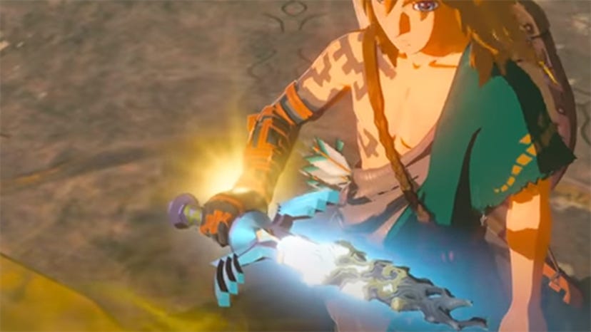 A new screenshot of the Breath of the Wild sequel, where Link holds a warped version of the Master Sword.