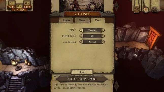 Warlock of Firetop Mountain option screen showing configrable text presentation
