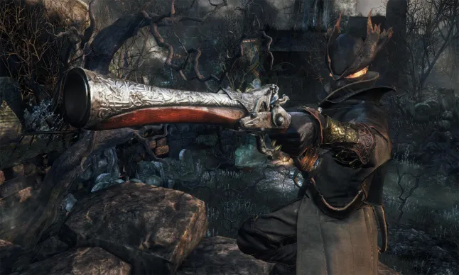 Bloodborne's main character, the hunter, pointing a pistol at the camera