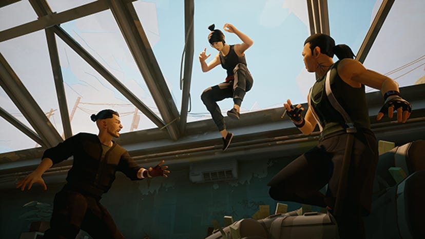 A screenshot from Sifu. The protagonist leaps in the air between two enemies.