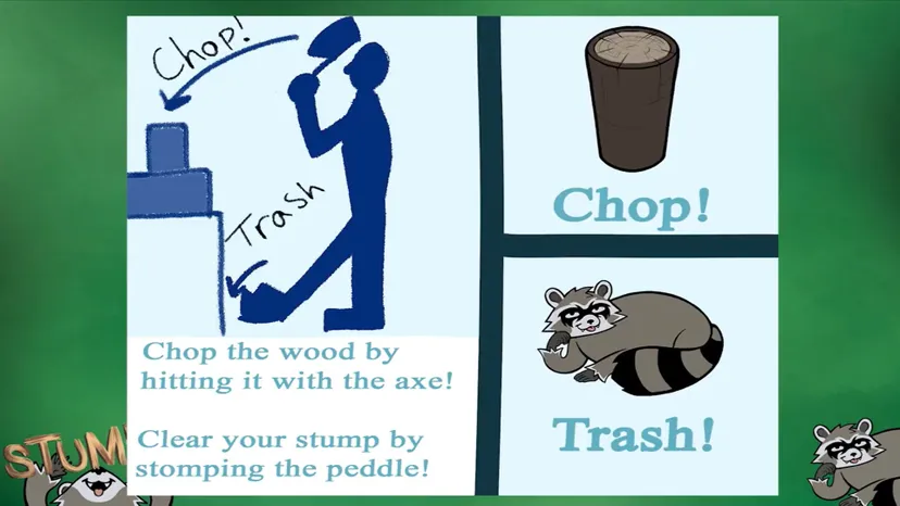 a cartoon diagram showing the trash can action, the stump, and the raccoon 