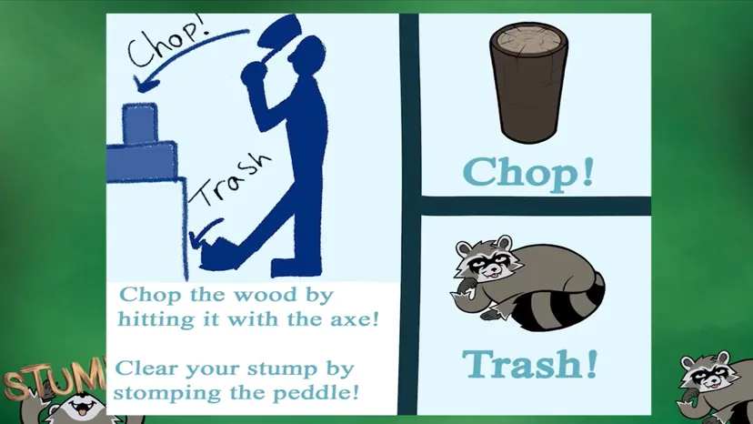 a cartoon diagram showing the trash can action, the stump, and the raccoon