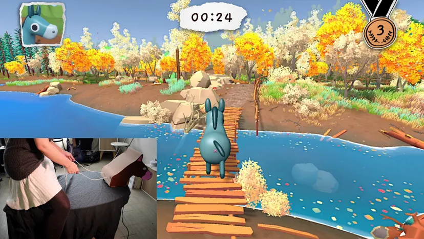 a colorful donkey racing game with life size donkey controller
