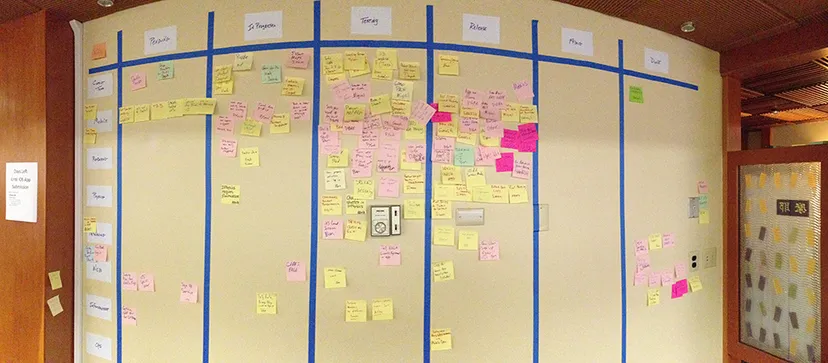 A wall of iOS tasks at ROBLOX HQ.