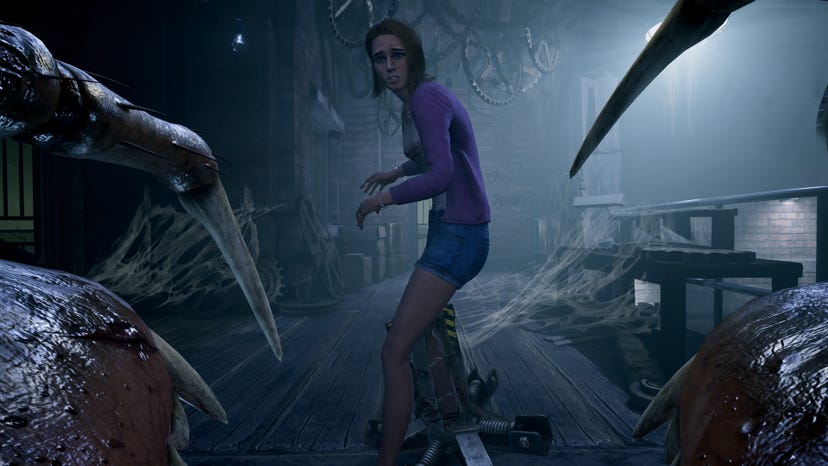 In this screenshot from the game Last Year, a young woman is surrounded by sharp claws in a poorly lit room.