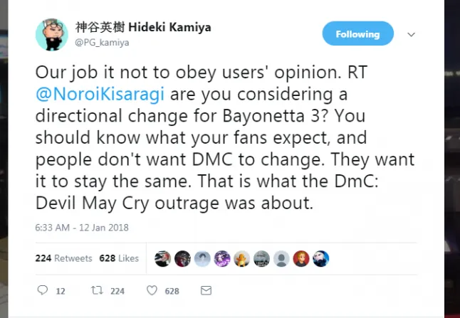 Hideki Kamiya saying that the job of devs is not to do what fans want