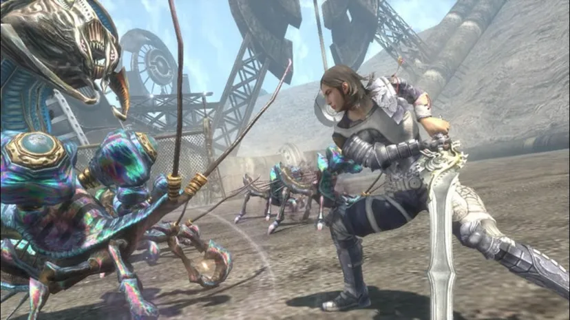 A screenshot of Lost Odyssey. The player character fights against a horde of bugs.