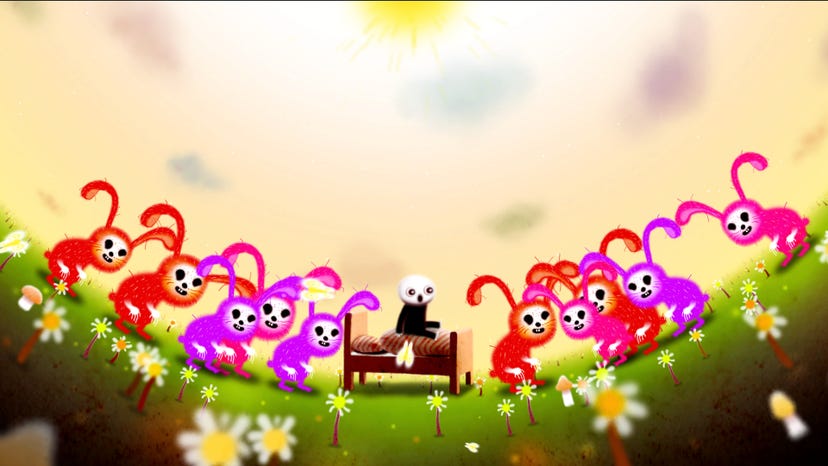 A brightly colored screenshot from Happy Game. A child and his bed are in the center of a field, surrounded by an envoy of creepy, vividly colorful rabbit people.