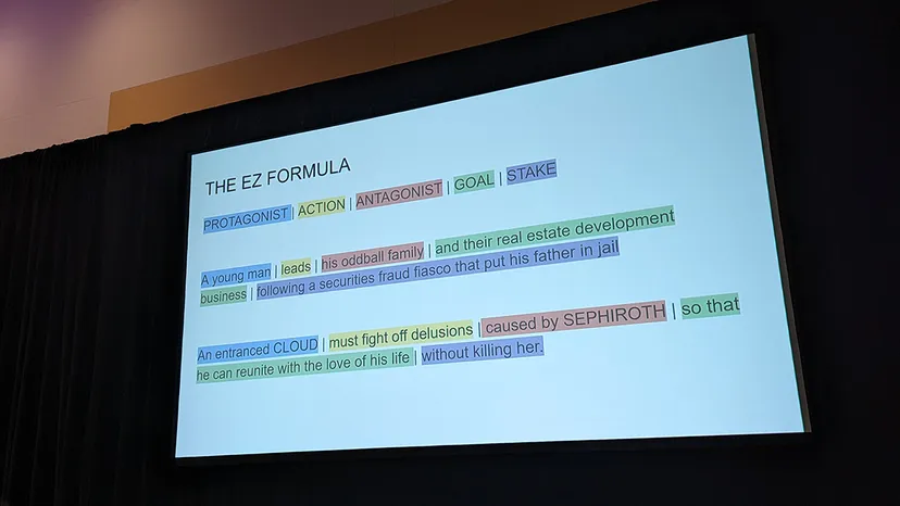 A screenshot from Hutchinson's talk showing a series of loglines describing character interactions