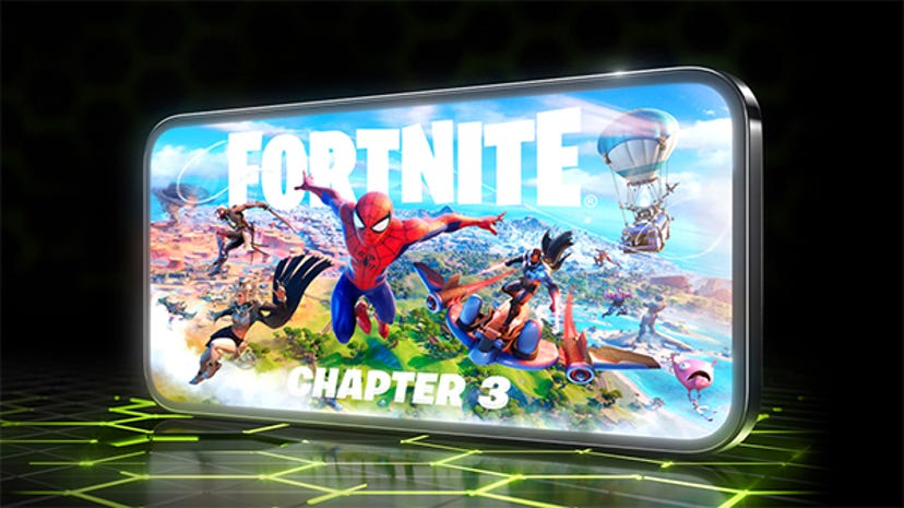 A promotional image for Fortnite on GeForce Now.