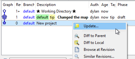 Screenshot: Update to a previous commit in Mercurial