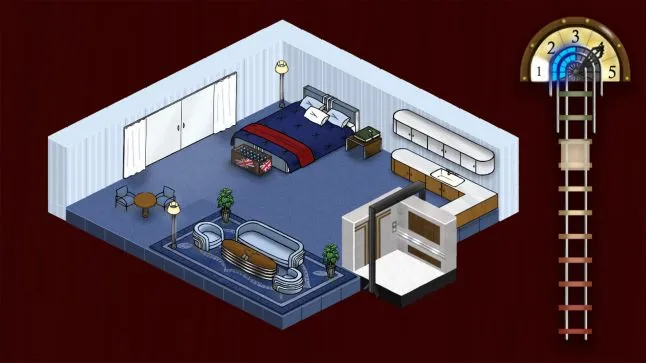 Isometric view of blue room with bed table living space and mini bar. Elevator and corresponding UI