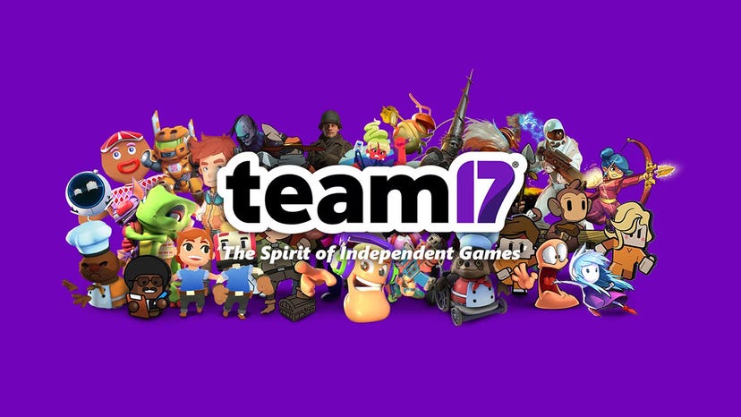 The Team 17 logo surrounded by characters from the studio's most popular franchises, such as Worms