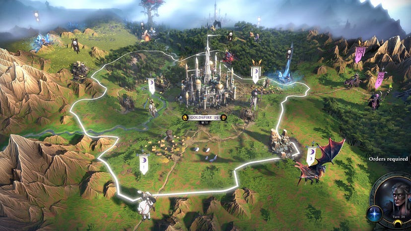 A screenshot from Age of Wonders 4 featuring a player settlement placed in the middle of a lush green expanse