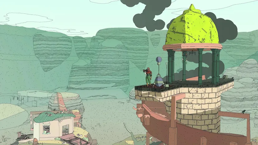 A lighthouse-like tower emits black smoke, with a green canyon in the background.