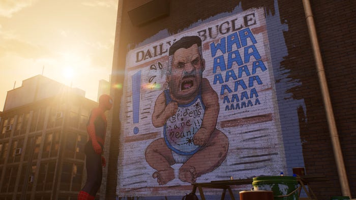 Graffiti showing a baby-fied J. Jonah Jameson crying in front of the Daily Bugle.