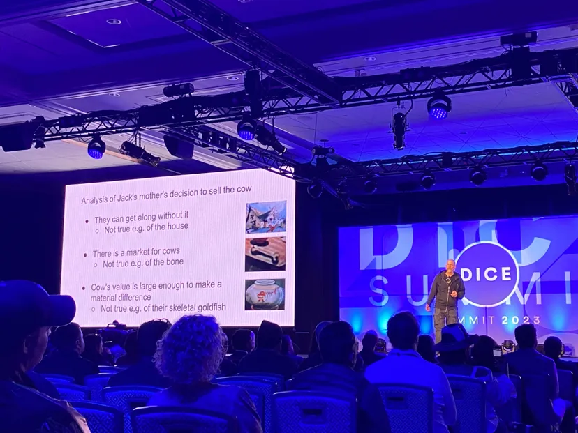 Neal Stephenson gives his keynote speech at DICE 2023.