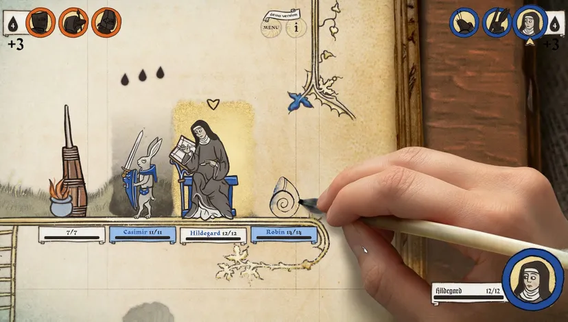 An Inkulinati screenshot in which a photorealistic hand sketches a new illustrated combat unit into the margin.