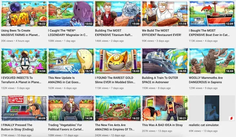 A screenshot of a YouTuber's videos.